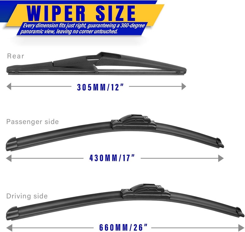 Rooppa 3 wipers Replacement for 2013-2021 2022 2023 Nissan Pathfinder, Windshield Wiper Blades Original Equipment Replacement - 26"/17"/12" (Set of 3) U/J HOOK - Image 2